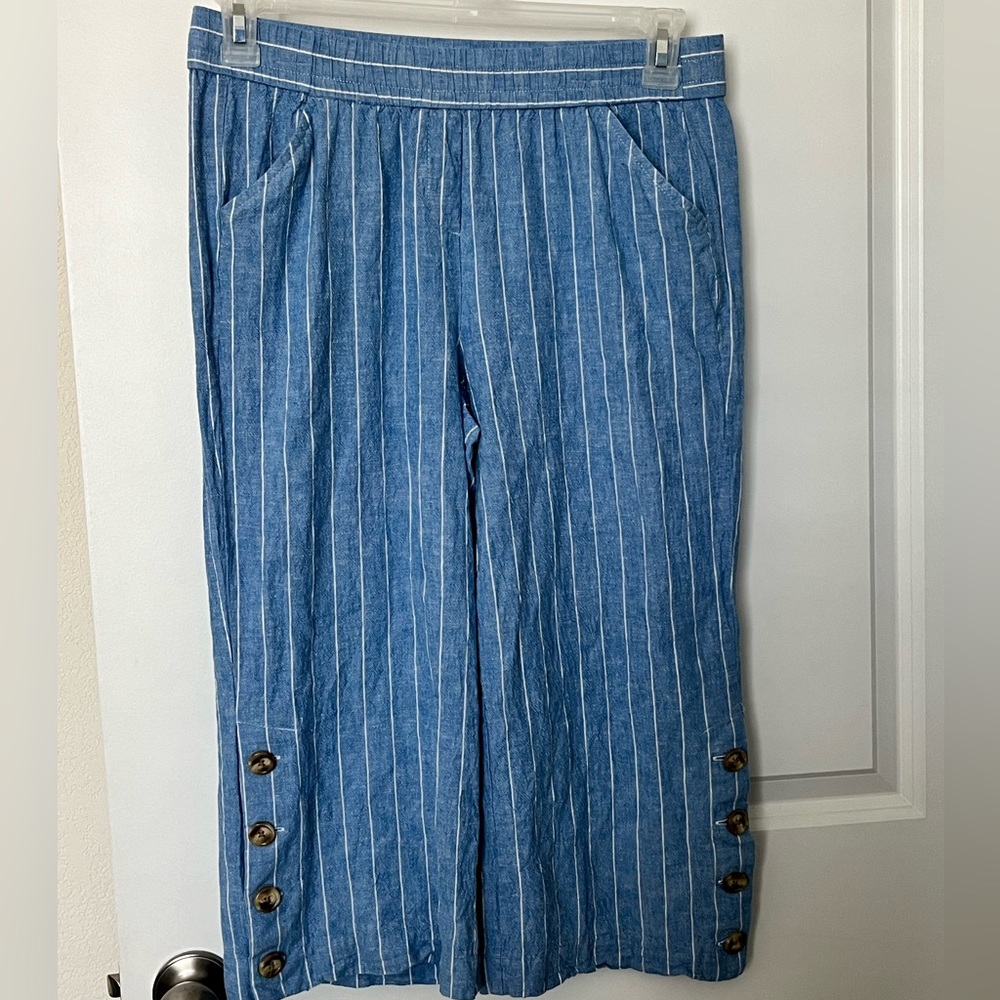 Land N’Sea Blue Striped Linen Lagenlook Wide-leg Pull-on Pants - size M